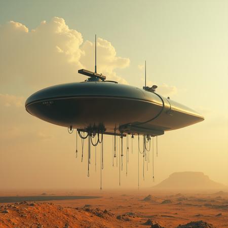 ultra high resolution, masterpiece, best quality, small featureless smooth glossy black glass spacecraft hovering low to the ground, underneath the spacecraft are cables hoses and wires, antennas on top, cables hanging from below, rectangular in shape, futuristic world, post apocalyptic landscape, ((low concrete buildings:1.3)) anti gravity, in the atmosphere, sky, clouds, ground visible, hovering, dry, ((dusty)), bleak landscape, parched, orange light, sunlight, square shapes, bleached colors,
