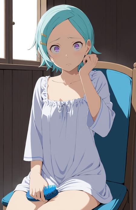 eureka, short hair, long sleeves, dress, purple eyes, boots, hairclip, aqua hair, thigh strap, white footwear