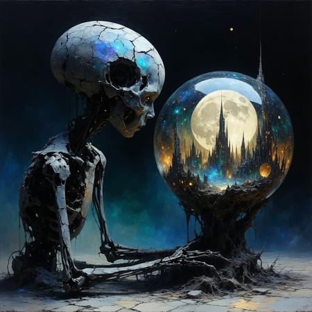 Painterly dark fantasy illustration, style of Brom and Zdzisław Beksiński. Medium close-up: A figure fused from cracked porcelain doll fragments and rusted clockwork gears, hunched posture, gazes intently into a shimmering obsidian orb glowing with internal nebula-like light. Within the orb, a sharp, miniature vision: a sprawling cityscape meticulously constructed from iridescent, shifting beetle wings. Dramatic moonlight casts stark highlights on cracked porcelain and corroded metal, contrasting deep abyssal shadows. Visible, textured brushstrokes. Swirling chromatic dust motes obscure the background. Atmosphere of detached fascination, impossible construction, dreamlike logic.