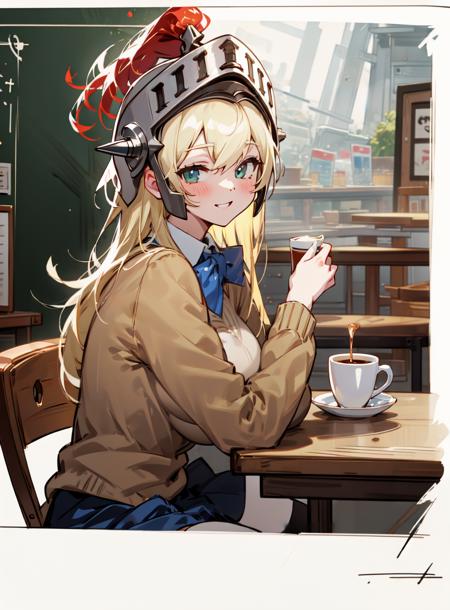 (masterpiece, best quality, ultra-detailed, highres, illustration:1.1),original,extremely detailed wallpaper,official art,nice hands,perfect hands,cafe,hoding cup ,cup,cup of coffee,sitting on table,sitting,cafe table ,drinking shop ,from side,<lyco:envybetterhandsLocon_beta2:1>, <lora:dumbface-10:1> ,dumbface ,upper body,1girl, solo, looking at viewer, smile,blonde hair ,large breasts, thighhighs, long sleeves ,long hair,  bow ,  school uniform ,helmet,