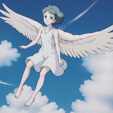 AngelOYM,1girl,aqua hair,short hair,black eyes, angel wings, white dress,sleeveless,  barefoot,