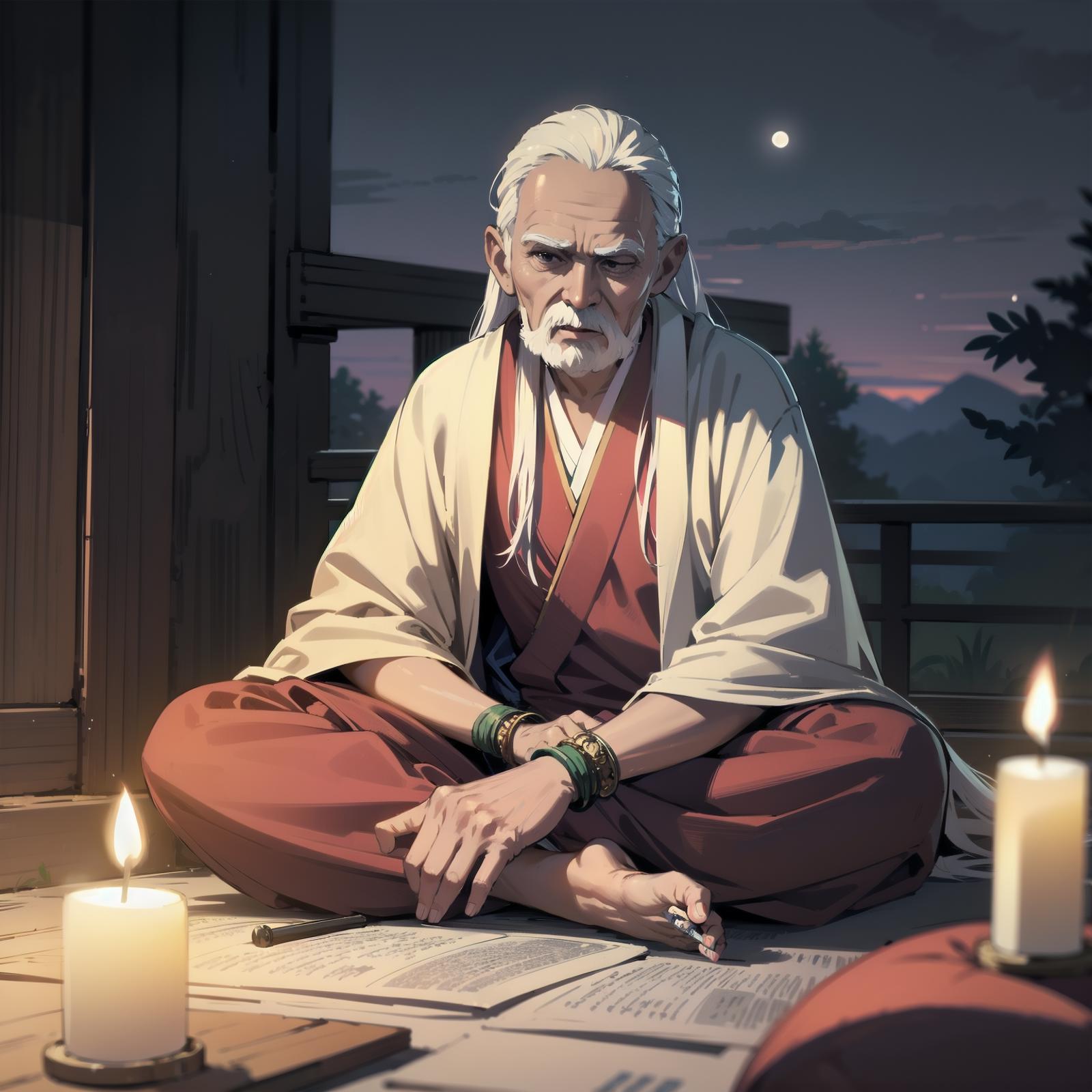 A man sitting on the ground in front of a candle, with a pen in his hand.