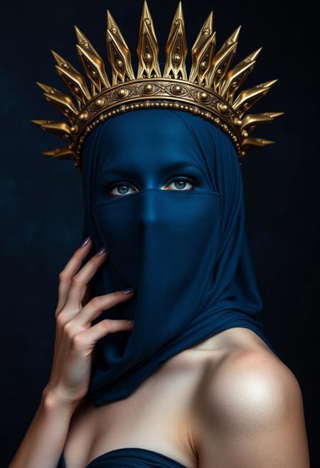 lady in midnight blue veils her face and has a large bronze  spiked crown, in the style of celestial fashion, otherworldly beauty, davide sorrenti, celestial punk, album covers, fra angelico, aykut aydogdu, queen core, golden age aesthetics