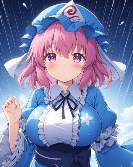 saigyouji yuyuko,1girl, solo, mob_cap, triangular_headpiece, wide_sleeves, blue_kimono, rain, long_sleeves, floral_print, looking_at_viewer, blue_headwear, center_frills, large_breasts, blush, upper_body, frilled_kimono, holding, closed_mouth, covering_mouth, night
<lora:saigyouji_yuyuko_image6716_2023-12-14:1>,star-shaped_pupils,symbol-shaped_pupils,. gorgeous,key visual, vibrant, studio anime,award-winning, professional, highly detailed,high budget, cinemascope