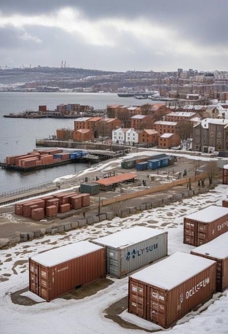 dElysium style city, 
cityscape seaport with containers in northern city, many residential buildings in 19th century style, some of the houses are war-torn, pits and craters in the streets, early spring with snow, cloudy weather, dElysium