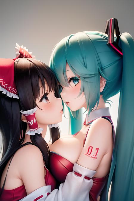 (( 2girl)),( hatsune miku and hakurei reimu, facing another, breasts to breasts), masterpiece, best quality, colorful, vividcolor, lighting, delicate, beautiful, beautiful face, beautiful eyes, beautiful girl, delicate face, delicate girl