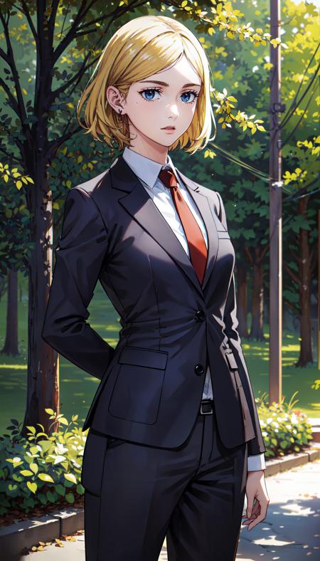 short hair yellow hair dark blue eyes black suit red necktie suit pants