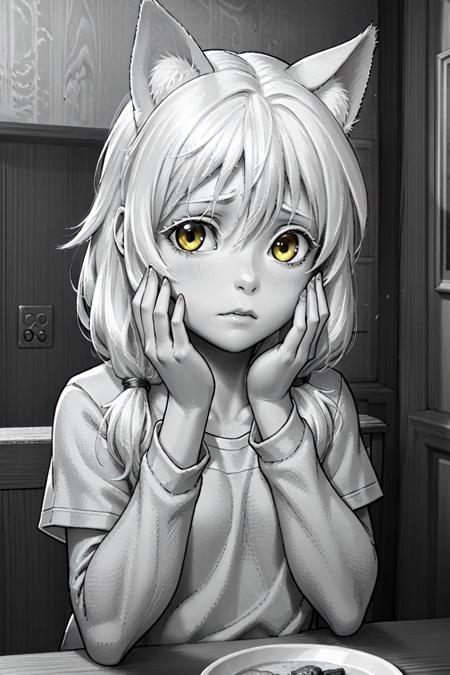 olya, 1girl, solo, long hair, looking at viewer,  twintails, monochrome, upper body, greyscale,  low twintails,  <lora:olya:0.5>
Prompt	1girl, solo, (small breasts:1.1), white t-shirt, cat ears, yellow eyes, bar \(place\), bottle, blush, hand on own cheek, sitting, table, upper body, long hair, hair between eyes, short sleeves, sad