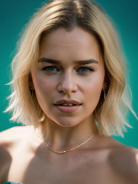 Realistic photo of a beautiful 3m1l14c-v2 woman,  1girl, solo, (((blonde hair))), jewelry, earrings, parted lips, teeth, lips, blue background, portrait, realistic, nose, soft lighting, professional Photography, Photorealistic, detailed, RAW, analog, sharp focus, 8k, HD, DSLR, high quality, Fujifilm XT3, film grain, award winning, masterpiece<lora:3m1l14c-v2:1.0>