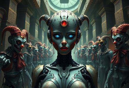 Create a highly detailed, 4K image of a half-robot and half-woman character, set in a labyrinthine environment inspired by the works of M.C. Escher. The character should be surrounded by a gang of twisted, eerie circus clowns, with hints of ancient Egyptian ruins in the background. Incorporate elements of cyberpunk and surrealism, with a focus on contrasting light and shadows, and a muted color palette with neon accents. The image should have a sense of unease and tension, as if the character is being watched or cursed. Use a mix of organic and synthetic textures, with intricate details and a sense of depth. The style should be inspired by the works of artists such as Artgerm, WLOP, and Greg Rutkowski, with a blend of realistic and fantastical elements.