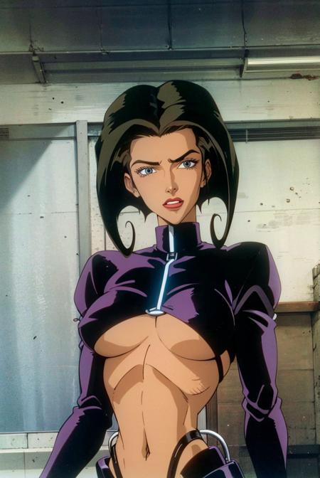 aeon flux, black hair, blue eyes, half body, interiror, futuristic city <lora:Aeon_Flux_Style-09:.7>