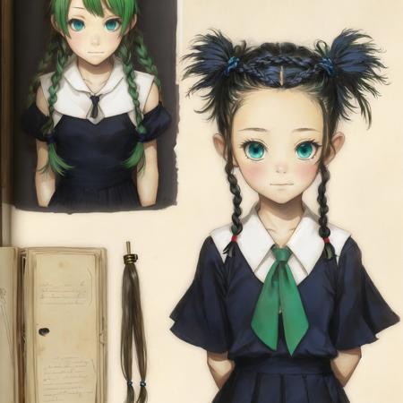 <lora:spiderwickwikia:1> , spiderwickwikia, picture, paper, book, drawing of, 
1girl, bangs, black gloves, black ribbon, black serafuku, blue eyes, braid, elbow gloves, gloves, green hair, green neckerchief, hair between eyes, hair flaps, hair ribbon, neckerchief, parted bangs, ponytail, ribbon, school uniform, serafuku, side braids, sidelocks, solo, twin braids, upper body, wrist cuffs