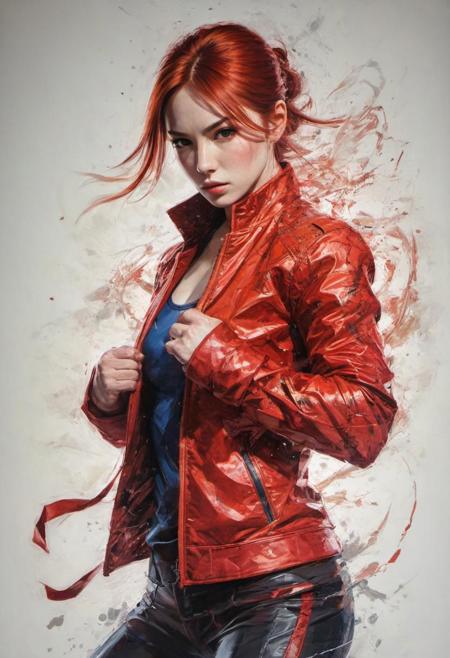 by Yksuke Murata, Karen Gillan
 , female fighter, red jacket, (unlined, Double Exposure but extremely beautiful:1.4), (intricate details, masterpiece, best quality:1.4) , in the style of nicola samori, Street Fighter style 2D art, Vibrant, dynamic, arcade, 2D fighting game, highly detailed, reminiscent of Street Fighter series,, looking at viewer