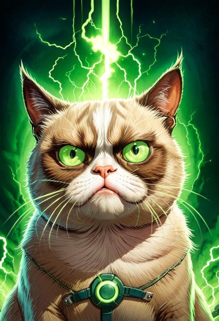 Grumpy cat
Glowing eyes. Danger. Entity. Illustration. Fabulous palette. Grand composition. Comic book cover. Comic book panel. Sci fi. 
Expressive eyes.  Edgy. Mean. Fun. Celestial backdrop. 
detailed skin, pores, sweat, blush, tan
Necron, electricity, green glow, green theme,