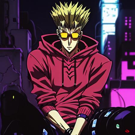 Trigun anime character <lora:Trigun:1>, (weared hoody:1.3), with glasses, in neon town cyberpunk