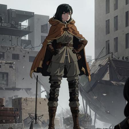 <lora:Lily_Nier-10:1>outdoor,street,Masterpeace,high quality,Lily_Nier, 1girl, black hair, green eyes, black boots, hood, cape, military, brown gloves, knee pads, grey pants,standing,full body,hand on hip