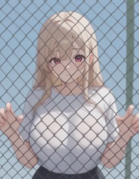 breasts against the fence