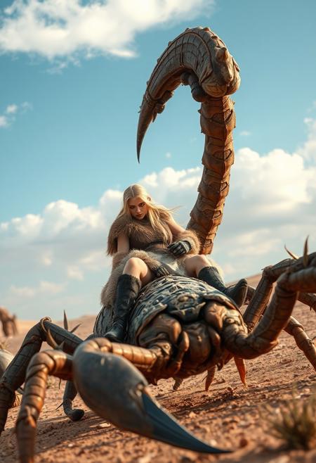 UHD 32k epic post-apocalyptic movie still, photograph, the setting is a surreal, otherworldly magic wasteland. Weird mutant desert flora and fauna. In the foreground, a sexy 20 year old blonde Swedish female barbarian wearing revealing low cut furs and boots riding a giant 10 foot long scorpion with rough carapace its tail stinger raised, closeup, interesting camera angle, sharp focus, studio photo, intricate details, highly detailed, sf, intricate artwork masterpiece, ominous, matte painting movie poster, golden ratio, trending on cgsociety, intricate, epic, trending on artstation, highly detailed, vibrant, production cinematic character render, ultra high quality model, close up portrait, film, studio lighting, detailed skin, ultra realistic, bokeh, sharp features