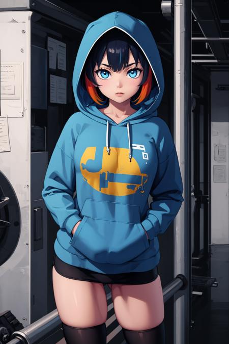 (masterpiece, best quality:1.2), <lora:aka6:1>, aka6, 1girl, solo, blue hair, hood, looking at viewer, multicolored hair, colored inner hair, black hair, mechanical arms, blue eyes, two-tone hair, hood down, hoodie, short hair