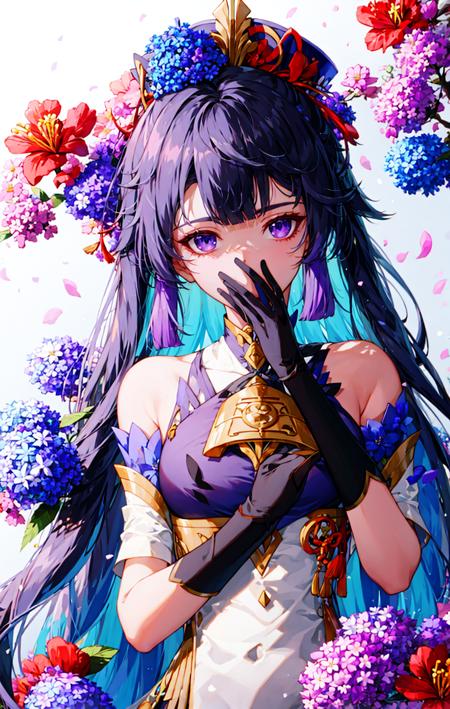 1girl, blue_hair,  bangs, bare_shoulders, black_gloves, blue_flower, bow, breasts, camellia, covering_mouth, daisy, eyebrows_visible_through_hair, floral_background, flower, flower_\(symbol\), ganyu_\(genshin_impact\), gloves, hair_flower, hair_ornament, hat_flower, hibiscus, holding_flower, hydrangea, lily_\(flower\), long_hair, looking_at_viewer, lotus, petals, pink_flower, purple_eyes, purple_flower, red_flower, smile, snowflake_background, snowflakes, solo, upper_body, white_background, white_flower <lora:style_yeurei:1>