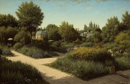 (Vincent Di Fate:1), scenery,a painting,scene painting, clump ,arboretum ,terrace ,
