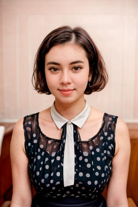 analog film photo solo, realistic, ((woman)), (((black hair))), (((Flirty, A playful smile, arched eyebrows, and a slightly tilted head.))), big smile, silver drop earrings, (((Polka_dot_blouse:1.5),(Pleated_midi_skirt:1.4),(Pointed-toe_pumps:1.3),(Executive_boardroom_background:1.5)))), ((white background:1.5)), ((Llford HP5 Plus)), PA7_Human-Likeness, <lora:PAseer-SD15-LCM Quick:1>, <lora:add_detail:0.8> <lora:add_sharpness:0.8> <lora:ZStyle_-_Photography_Style:.6> zstyle, <lora:IDG_-_Gia:1> iaggirl . faded film, desaturated, 35mm photo, grainy, vignette, vintage, Kodachrome, Lomography, stained, highly detailed, found footage