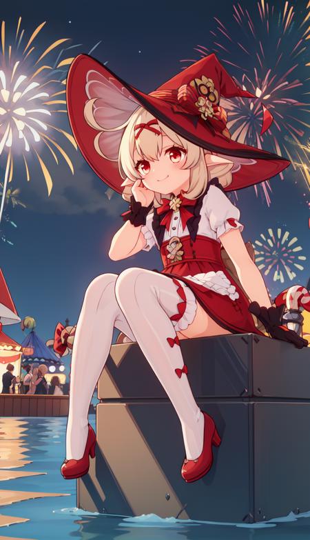 klee, Medium hair, Blonde, low twintails, red dress, Pointy ears, red eyes, white stockings, ribbons, witch hat, White apron