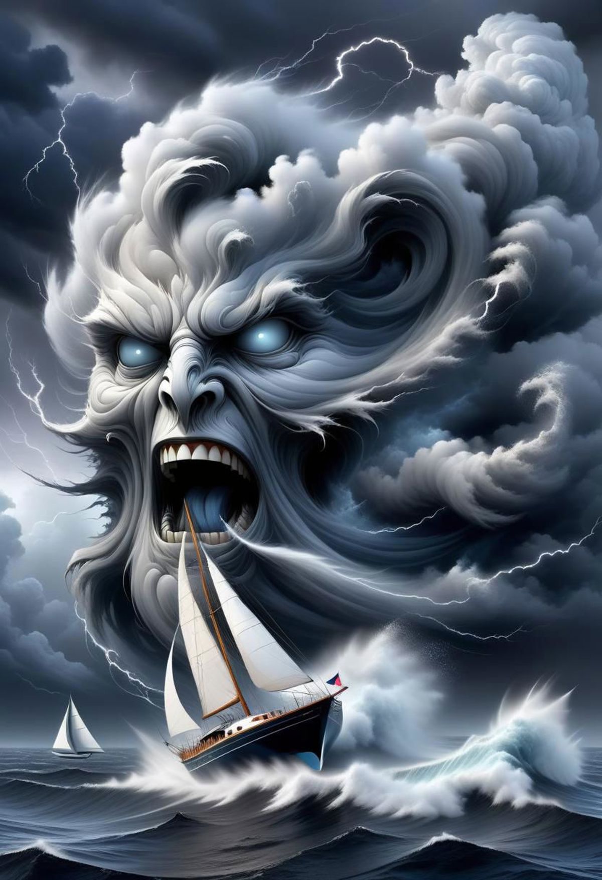 A painting of a monster with a ship in its mouth.