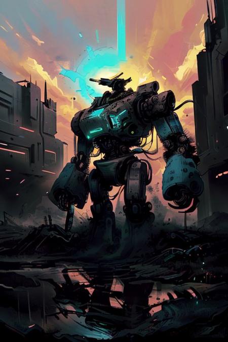 (Mech and world illustration by Jakub Rozalski:1.4), (Film still cinematic photography, tilt angle, bokeh, perfect composition, f 1.8, 44mm:1.1), (hyperdetailed forest, autumn theme:1.0), (archaic military mech walking in a swamp, ripples of water move, biomechanical man and a mech:1.3), (turning pose, change pose each time:1.1), (smoking heap of a spaceship collision in the background:1.1), (natural aura, light blue aura, black aura:1.2), (sunset), (in the style of (Brian Despain:0.75) and (Iwan Baan:0.8) and (Sam Kieth:0.9)), (by Nychos:1.3)
<lora:RMSDXL_Creative:1.1>
<lora:epiCRealLife:0.3> <lora:Helper:0.5> <lora:epi_noiseoffset2:0.3> <lora:lowkey_v1.1:0.1> HyperSmoke, sunny background, blue background, intimate theme, afterglow 
(Bad_pictures:1.3)