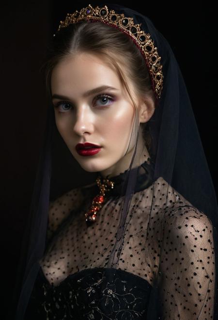 A professional (fashion photo photography:1.2),a  (studio portrait:1.2),showing (surrealistic style:1.1),(black purple gradient background:1.2),(exaggerated character movements:1.5),against glass,(masterpiece, best quality:1.4), perfect body,  long hair, brown hair, brown eyes, parted lips, , detailed skin,model photoshoot, long bob-cut hair, shiny oiled skin, pale skin,  pale white skin, shiny oiled skin, pale skin, realistic eye and face details), hyperrealism, very slim,  4k HDRvaporwave style Ultra High Resolution, wallpaper, 8K,Rich texture details, hyper detailed, detailed eyes, detailed background, dramatic angle,Ultra High Resolution, wallpaper, 8K,Rich texture details, hyper detailed, detailed eyes, detailed background, wearing translucent veils, elegant profile pose, dark photography, dramatic lighting, black background, deep shadows, chiaroscuro, (old russian folk light dress red ornaments:1.1) slim elegant russian girl folk hairstyle halo above head (icon style:1.2) choker, make-up photography by (Ethel Warwick:1.3), modelshoot, pose, , (Ethel Warwick: 1,2) award winning photo macro shot  dramatic lighting,philosophical dimensions,NIKON Z9,35mm,f/1.2,RAW format,stark composition.,(muted tones:1.2),award winning photo,(dream-like quality:1.2),
