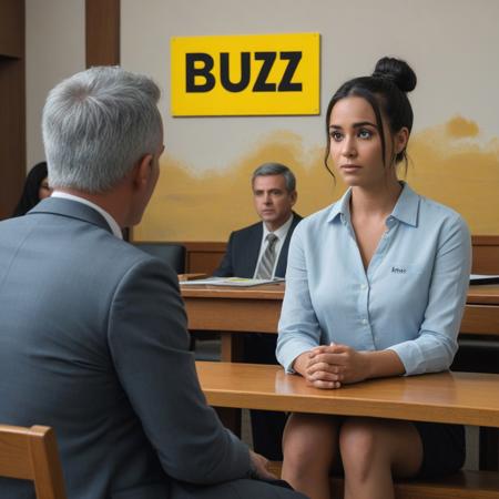 This is an artist print depicting a courtroom scene. In the foreground, a middle-aged man with short gray hair, wearing a light blue shirt that reads "BUZZ", is seated. Behind him, a young woman with dark skin and brown hair tied in a bun, dressed in a white blouse, holding a large prominent sign with text "BUZZ" prominently on the front in bold yellow letters and blue accents. A woman with long black hair and wearing a gray suit is seated at a table in the background. The setting is warm-toned with a wooden bench and a colorful painting on the wall with text "BUZZ" The style is expressive and dynamic.