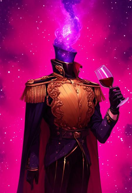h3ad,object_head,headless,faceless,purple cosmic spiral,
BREAK score_9, score_8_up, score_7_up, male_focus, bishounen, <lora:Uglystyle11a:-1>,
BREAK Detailed clothings, gold embroideries and flower patterns on clothings, 
BREAK Looking at the side, holding a glass of wine,
BREAK Black formal military-inspired suit with high collar and fitted long-sleeve jacket, gold buttons, gold epaulettes, cape with purple cosmic interior decors, wearing black leather gloves, matching black and gold trousers with stripes,
BREAK 0ut3rsp4c3, blue and pink gradient behind cape, detailed background,