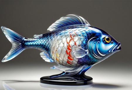 ((vibrant fish made of Murano glass:1.4)), (   
  Realistic photography of a Murano glass fish placed on a desk.   stained glass pattern:1.3), (iridescent colors:1.3), (light refraction through translucent ), (detailed close-up:1.2), (floating gently in warm light:1.1), (surreal elegance:1.2), murano_glass_style