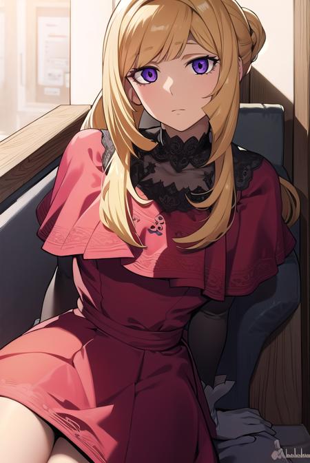 kudeliaainabernstein, <lyco:kudeliaLYCORIStest:1>,
kudelia aina bernstein, (purple eyes:1.1), long hair, blonde hair, bangs, blunt bangs,
BREAK gloves, dress, red dress, white gloves, capelet, gown, red gown, apricot, black apricot,
BREAK looking at viewer,
BREAK indoors,
BREAK <lora:GoodHands-vanilla:1>, (masterpiece:1.2), best quality, high resolution, unity 8k wallpaper, (illustration:0.8), (beautiful detailed eyes:1.6), extremely detailed face, perfect lighting, extremely detailed CG, (perfect hands, perfect anatomy),