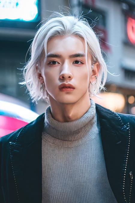 (8k, best quality, masterpiece, ultra highres:1.2),1boy,silver hair,a couple on the streets of the city,