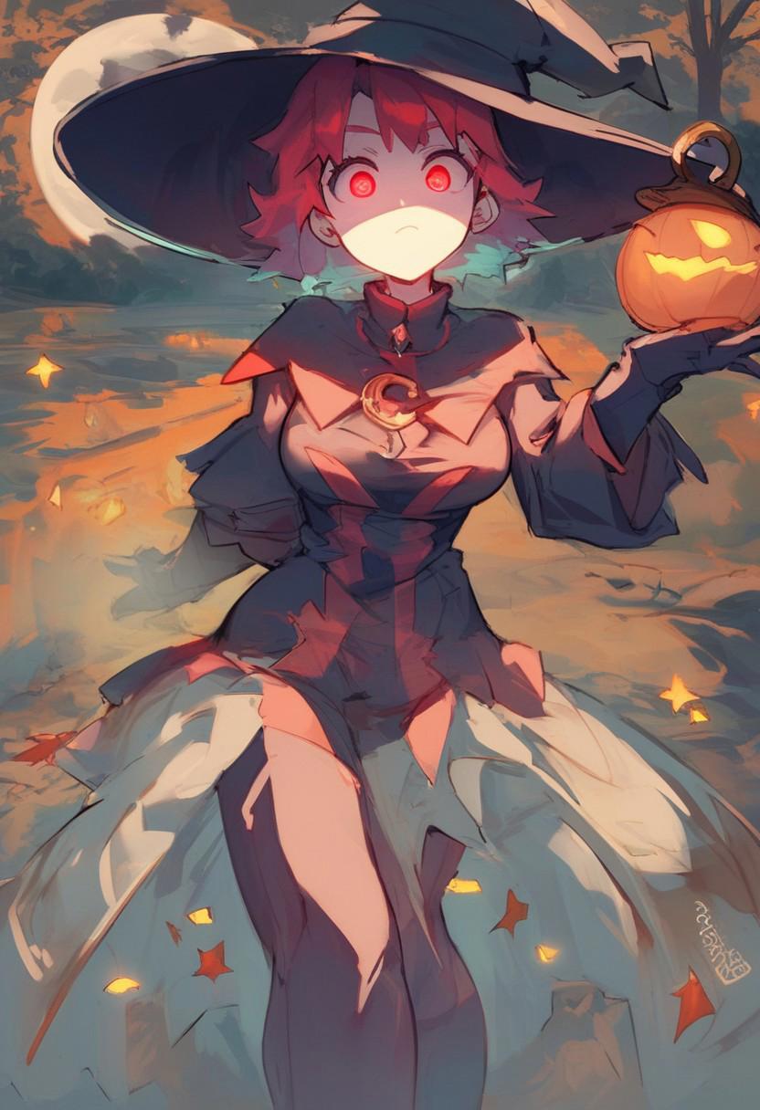 score_9, score_8_up, score_7_up,source_anime, high res image,masterpiece,best quality, witch walking in forest. witch hat, cute face, clear skin, glowing red hair, glowing red eyes, lanterns, scarecrows, pumkipns with scary face, halloween, nighttime, orange hues, scary atmosphere, moon in back, crows in back, scarecrow on left side