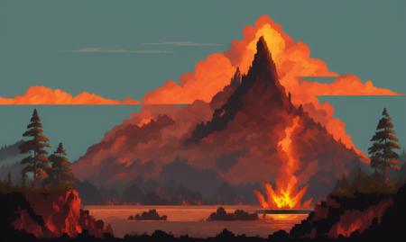 pixelart  video game environment, Create an image of a dangerous and unpredictable volcano, with flowing lava, ash clouds, and the feeling of imminent danger. Show the danger, the destruction, and the beauty of a powerful natural disaster.