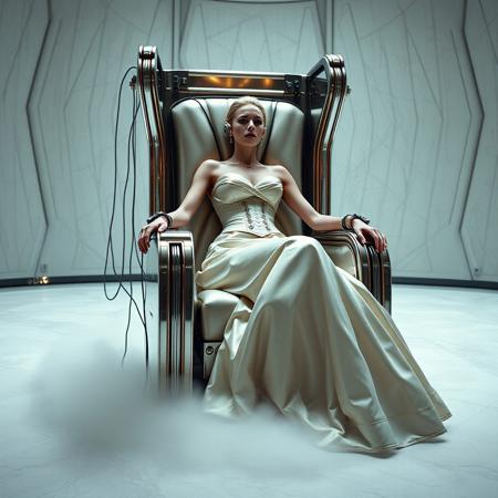 A slender, arrogant  rich norvegian bride, reclined in a polished steel throne, dressed in a luxurious, rich fantasy satin wedding gown with a fitted, boned corset accentuating her ultra-thin waist.and a full, flared skirt, paired with satin high heels, orgasm face. The massive electrodes holding her head pressed to the throne headrest,  cabled to a  futuristic superconputer rack. Her hands and ankles are bound to the  throne  by massive steel restraints,   weird fog from the floor. The scene is set in a sterile, empty chamber, with a glossy mother-of-pearl finish, evoking a sense of futuristic dread. Inspired by the cinematic styles of Ridley Scott, Guillermo del Toro, and H.R. Giger, with a blend of sci-fi and horror elements, this full-body portrait is a masterpiece of cinematic storytelling, shot on a virtual v-raptor XL camera, with a warm, film-grained aesthetic, subtle vignette, and rich color grading, reminiscent of 35mm film, with dramatic, atmospheric lighting, inviting the viewer to immerse themselves in this epic, stunning scene.