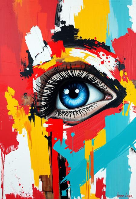 Create an abstract painting featuring a highly detailed, realistic blue eye with long eyelashes as the central focus. Surround the eye with a vibrant, textured background composed of bold, overlapping brushstrokes in red, yellow, white, black, and teal. Ensure the colors blend and contrast dynamically, creating a sense of depth and movement. The eye should appear to be emerging from the abstract background, with the colors partially covering and framing it. The overall composition should evoke a sense of mystery and intrigue, combining realism with abstract expressionism.