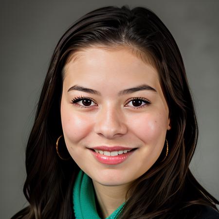 a Realistic portrait of a miranda cosgrove with blue eyes, looking at the viewer, detailed face, detailed eyes, (smiling showing teeth:1.1), perfect slim body, modelshoot style, hand on own shoulder, wearing a green sweater with long sleeves, wearing gold earrings and jewelry, soft lighting, professional Photography, Photorealistic, detailed, standing in a dark Studio Room background, blurred background, RAW, analog, sharp focus, 8k, HD, DSLR, high quality, Fujifilm XT3, film grain, award winning, masterpiece
 <lora:miranda cosgrove v1.4:1>