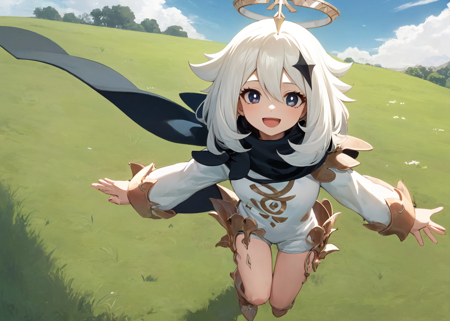 1girl, solo,  floating, paimon \(genshin impact\), cape, medium hair, white hair, halo, scarf, white dress, long sleeves, boots, blue eyes, smile, open mouth, outdoors, blue sky, grass  <lora:char-paimon-locon:1>