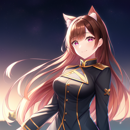 portrait, (solo, 1girl), night time, dark, medium breasts, (Neon Pink eyes), extra long hair,(Brown hair) bedhead, (Dark Orange military uniform), classroom background, best quality, 1girl, cat tail, cat ears, smirk, closed mouth, (anime, waifu, new, newest:1.2), (exceptional, best aesthetic, new, newest, best quality, masterpiece, extremely detailed, anime, waifu:1.2)