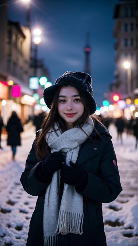 realistic photograph of dasha_taran, pretty face, looking at viewer, detailed eyes, smile, cute, blonde hair, she is stand among snow, wearing (winter coat, scarf, gloves, hat ,made of cotton),eiffel tower in the background, warm light decoration, scene set in Paris on winter, bokeh, portrait, sharp focus on eye, low light, night street lamp, shot with dslr f/1.4, blurry background, <lora:Light and Shadow:0.4>, <lora:Dasha-000006:0.8>, <lora:backlight_slider_v10:-1> (Add lightsource to front)