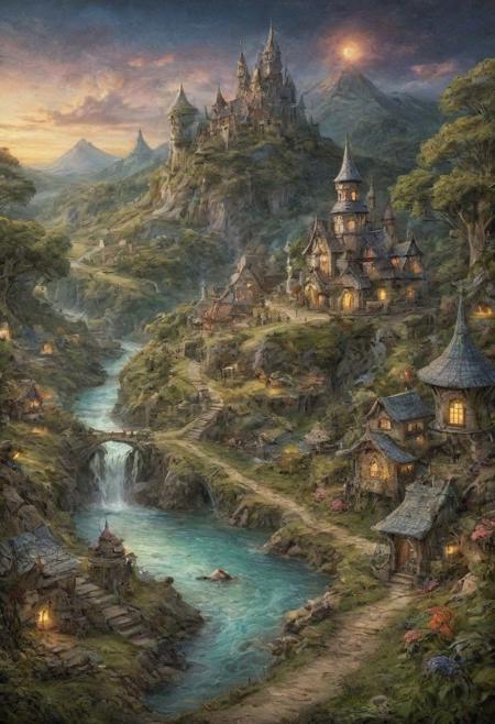 surreal landscape of a bright fairy village,filled with ethereal mystery amidst fantastical elements that captivate viewers in an enchanting manner.,
surreal,ethereal,dreamy,mysterious,fantasy,highly detailed,<lora:   _ FantacyWorld_v1.0:0.5>,