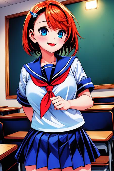 1girl, smile, standing, cowboy shot, 
yuragisou_chisaki, blue eyes, orange hair, short hair, hair ornament, hairclip, school uniform, serafuku, white shirt, short sleeves, blue sailor collar, pleated skirt, blue skirt,  <lora:yuragisou_chisaki_lora_ver1:0.8>, best quality, masterpiece, highres, <lora:GoodHands-vanilla:1>