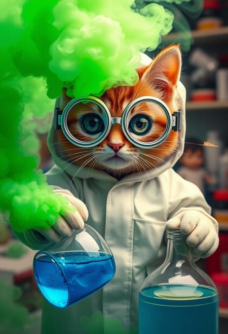 "Create a hyper-realistic image of a kitten in a white hazmat suit and oversized round safety goggles, pouring blue and yellow liquids into a vat. The goggles magnify the kitten's huge eyes to comically large proportions, so that they completely fill out the goggles themselves, Ala Mr. Magoo. A massive green smoke cloud erupts from the bottom of the image, blasting the kitten in the face. The blast is so intentse that one of the cats whiskers has a little open flame on the tip. The kitten's expression is one of adorable, sheepish surprise. The background is a cluttered laboratory, visible through the swirling smoke." Highest-Quality, 4k, intricate details, visually stunning, Masterpiece