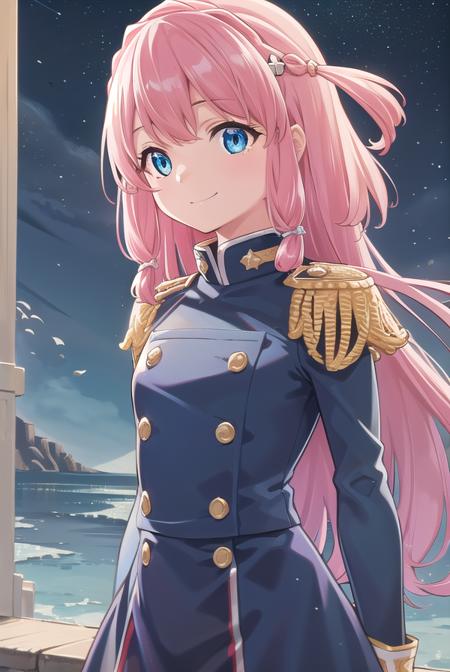 neiookawamura, <lora:nei ookawamura manga-lora-nochekaiser:1>,
nei ookawamura, long hair, blue eyes, hair ornament, pink hair, braid, smile,
BREAK gloves, boots, belt, skirt, uniform, military, military uniform, epaulettes,
BREAK outdoors, space, starry sky, star \(sky\), moon,
BREAK looking at viewer, (cowboy shot:1.5),
BREAK <lyco:GoodHands-beta2:1>, (masterpiece:1.2), best quality, high resolution, unity 8k wallpaper, (illustration:0.8), (beautiful detailed eyes:1.6), extremely detailed face, perfect lighting, extremely detailed CG, (perfect hands, perfect anatomy),