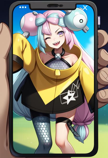 pokemoniono, sharp teeth, bow-shaped hair, character hair ornament oversized clothes, yellow jacket, sleeves past wrists, sleeves past fingers, grey shirt, sleeveless shirt, grey pantyhose, single leg pantyhose, hexagon print, thigh strap