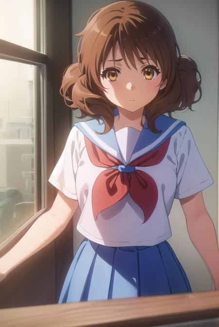 kumikooumae, <lora:kumiko oumae s2-lora-nochekaiser:1>,
kumiko oumae, (brown eyes:1.5), brown hair, short hair, wavy hair,
BREAK skirt, shirt, school uniform, white shirt, short sleeves, pleated skirt, serafuku, sailor collar, blue skirt, neckerchief, red sailor collar, school bag, blue neckerchief, kitauji high school uniform,
BREAK indoors, classroom,
BREAK looking at viewer, (cowboy shot:1.5),
BREAK <lyco:GoodHands-beta2:1>, (masterpiece:1.2), best quality, high resolution, unity 8k wallpaper, (illustration:0.8), (beautiful detailed eyes:1.6), extremely detailed face, perfect lighting, extremely detailed CG, (perfect hands, perfect anatomy),