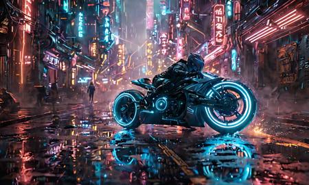a cyan scifi futuristic concept Lightcycle motorcycle, (Tron Rider:1.3), (Lightcycle:1.4),curvy and aerodynamic, Kowloon walled city narrow winding alleyway, light speed, flash, heavy rain, motion trail, a shining star(sun) in the background, (speed lines:1.2), (motion blur:1.3), high contrast, deep focus, TRON, style by Ridley Scott, Cyberpunk 2077, Bladerunner, fog, mist, epic visual effects, arc lightning, underglow, interstellar, flow, detailed, scifi, extremely detailed textures, star blast, dark vibrant colors, cosmic art, stars in background, headlights, cinematic scene, lens flare, cinematic color grading, film still, god rays, glow, art of Doug Chiang and John Park glowneon, fuji cinestill, light leak, glowing, sparks, lightning,dramatic lighting ,ultraviolet blacklight reactive paint, powerlines, catwalks, alleyway, <lora:glowneon_xl_v1:1> glowneon, glowing, sparks, lightning